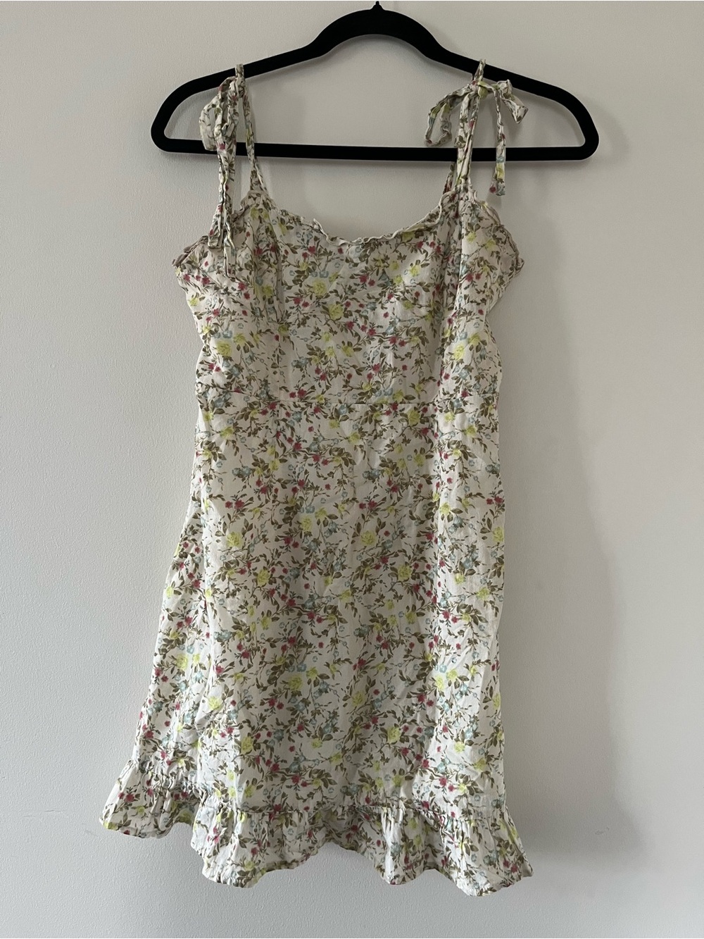 Cottagecore Cream Floral Tie Strap Mini Dress Medium Milkmaid Coquette Cotton
